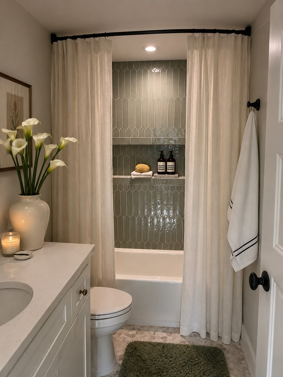 Guest bath with sage green tile and soaking tub