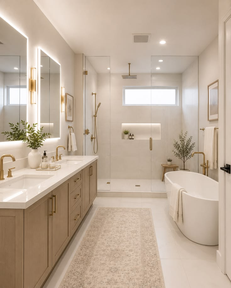 Modern bath with gold fixtures and LED mirror