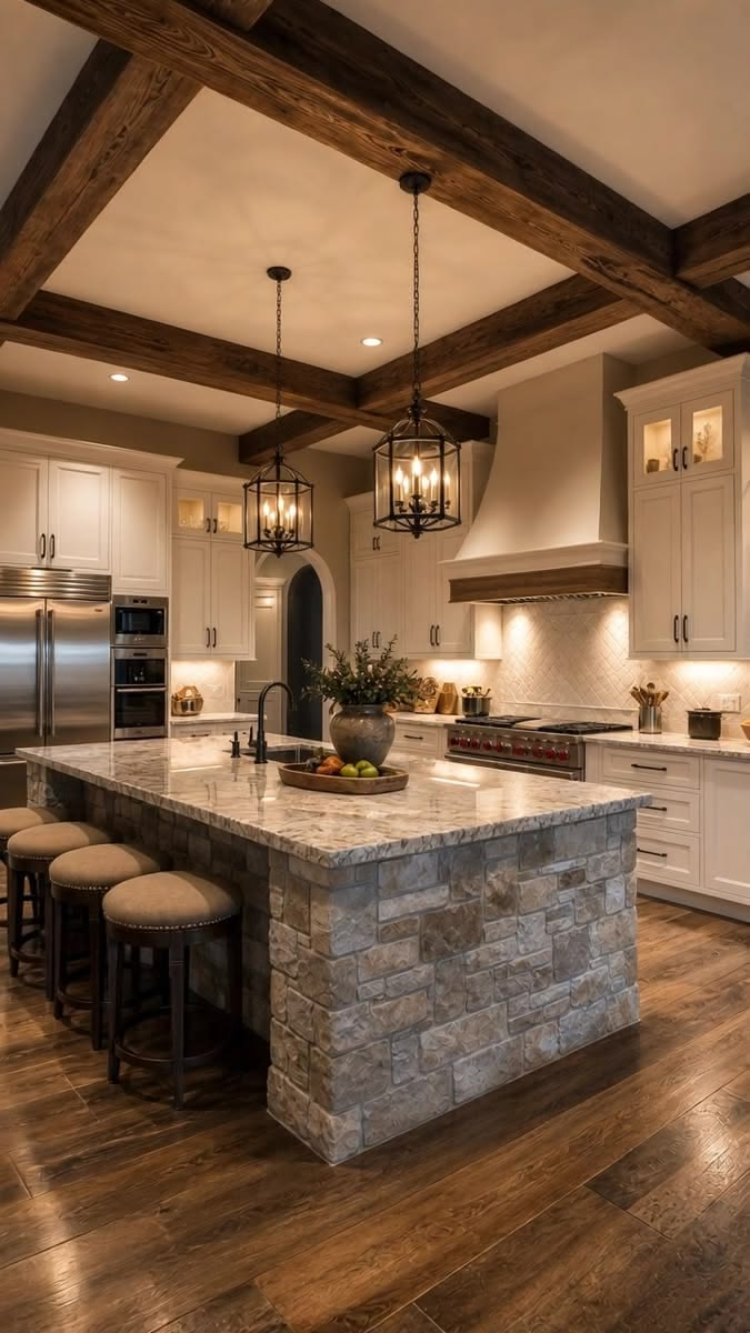 Rustic kitchen with stone island and wood beam ceiling